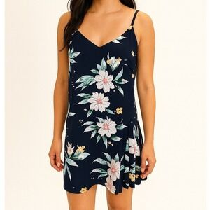 FRNCH Navy‎ Blue Floral Spaghetti Strap Dress Large Lined Pleated Shift